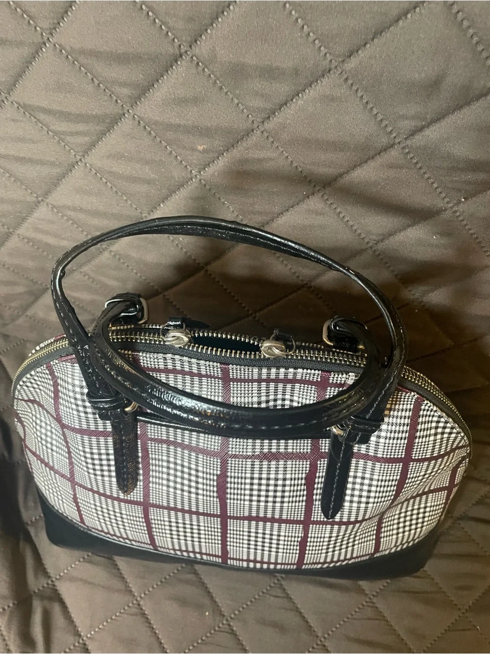 Coach Black Patent Leather Cora Glen Plaid Dome Satchel with Burgundy Accents